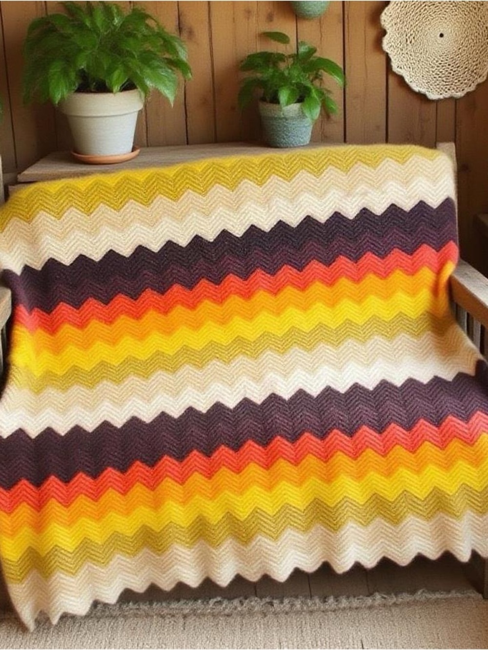 Vintage Handmade Rainbow Crochet Chevron Hippie Afghan